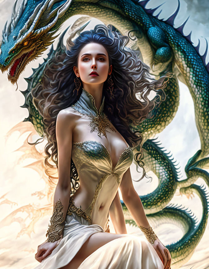 Woman with dramatic makeup and gold jewelry posing with a serpentine dragon against cloudy sky