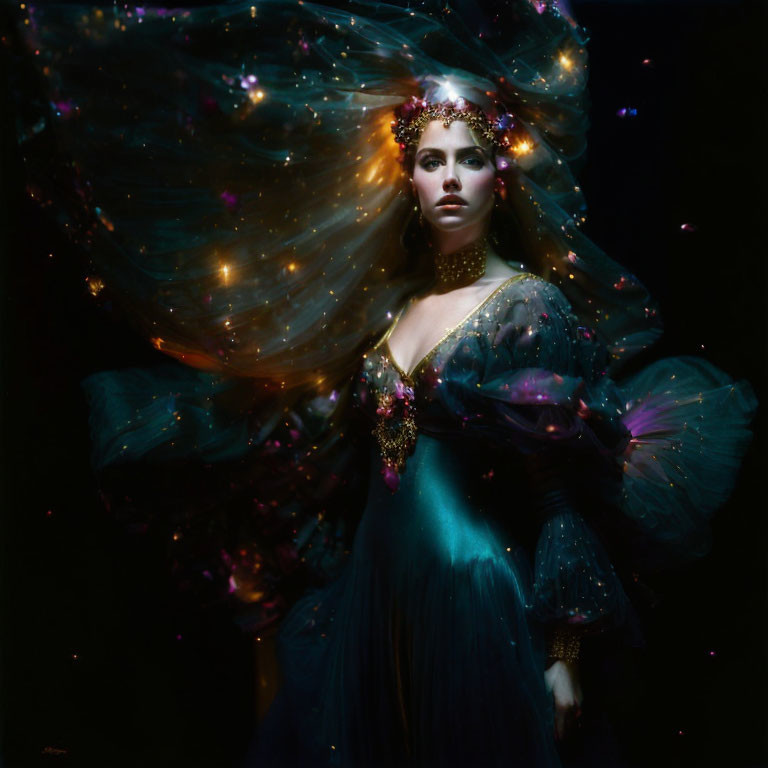 Woman in Teal Dress with Jewels, Golden Crown, & Starry Shawl