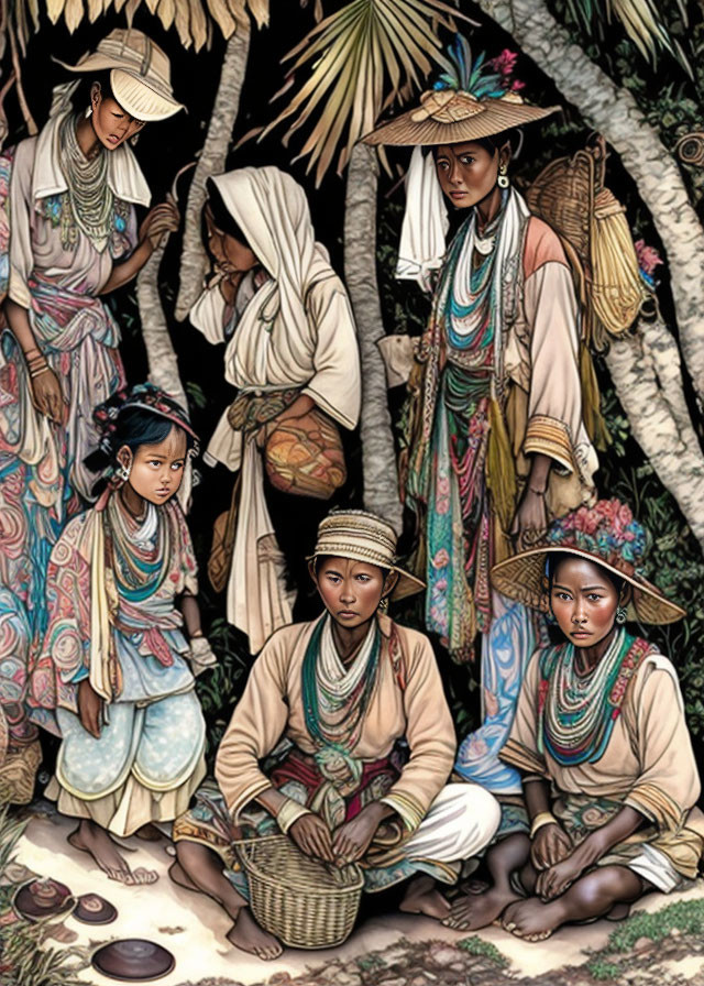 Detailed illustration of women and children in traditional attire weaving baskets in lush tropical setting