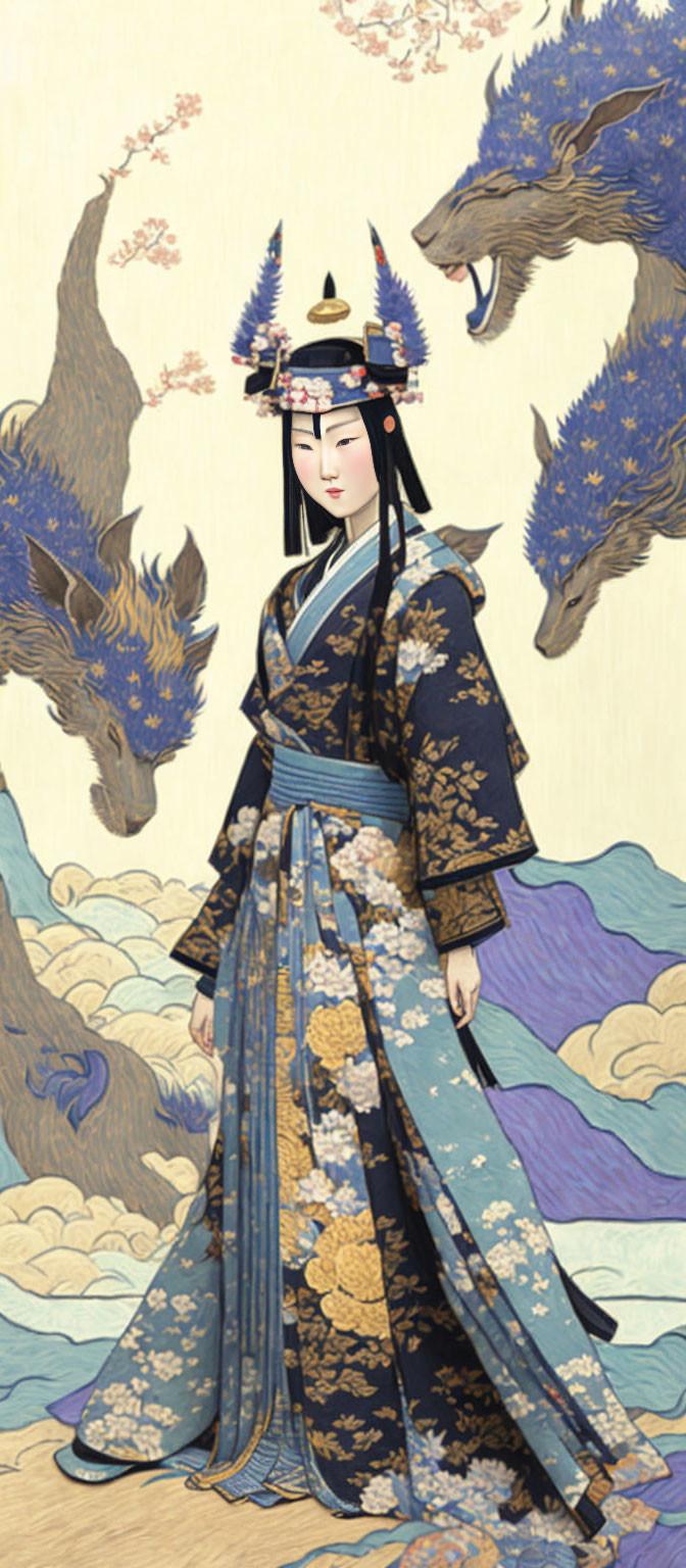 Traditional Japanese woman in elegant attire with mythical creatures against ocean backdrop