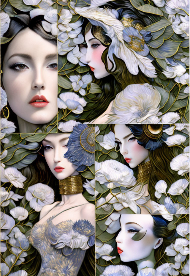 Four stylized women portraits with floral and feather adornments on a backdrop of white flowers.