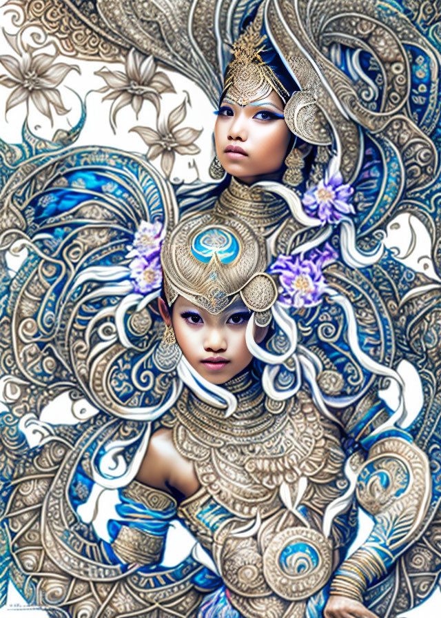 Stylized figures with ornate headgear in blue and gold palette