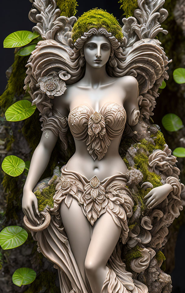 Detailed mythical figure statue with leafy elements in mossy setting