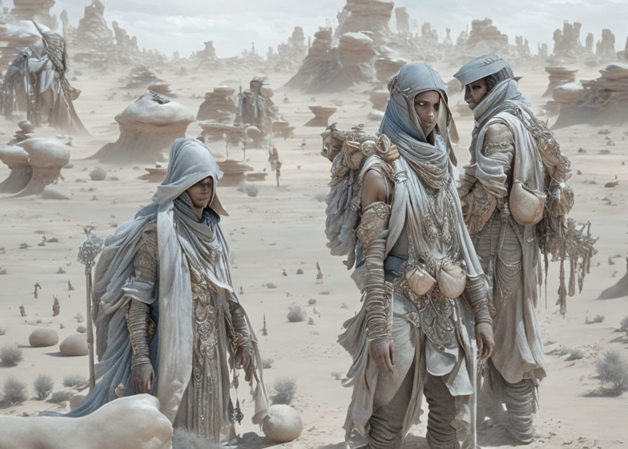 Exploration of barren desert landscape by hooded figures