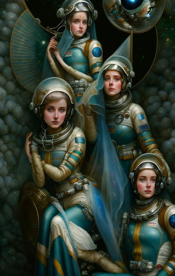 Four Female Astronauts in Stylized Suits Surrounded by Cosmic Fantasy Elements