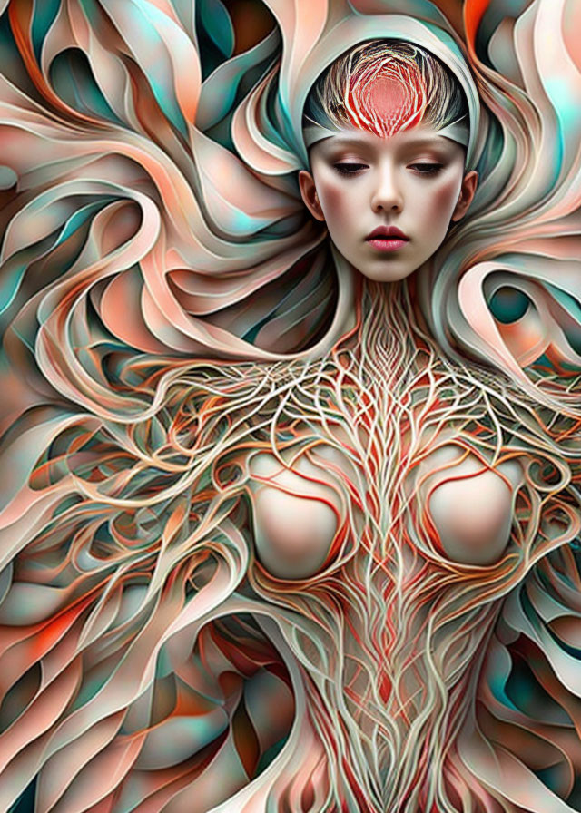 Woman in Digital Art with Flowing Tree-Like Patterns