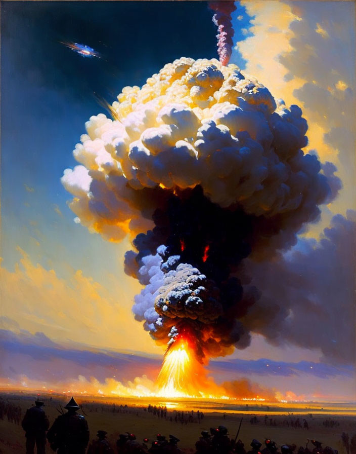 Vivid painting of volcanic eruption with ash cloud, onlookers, and fiery comet