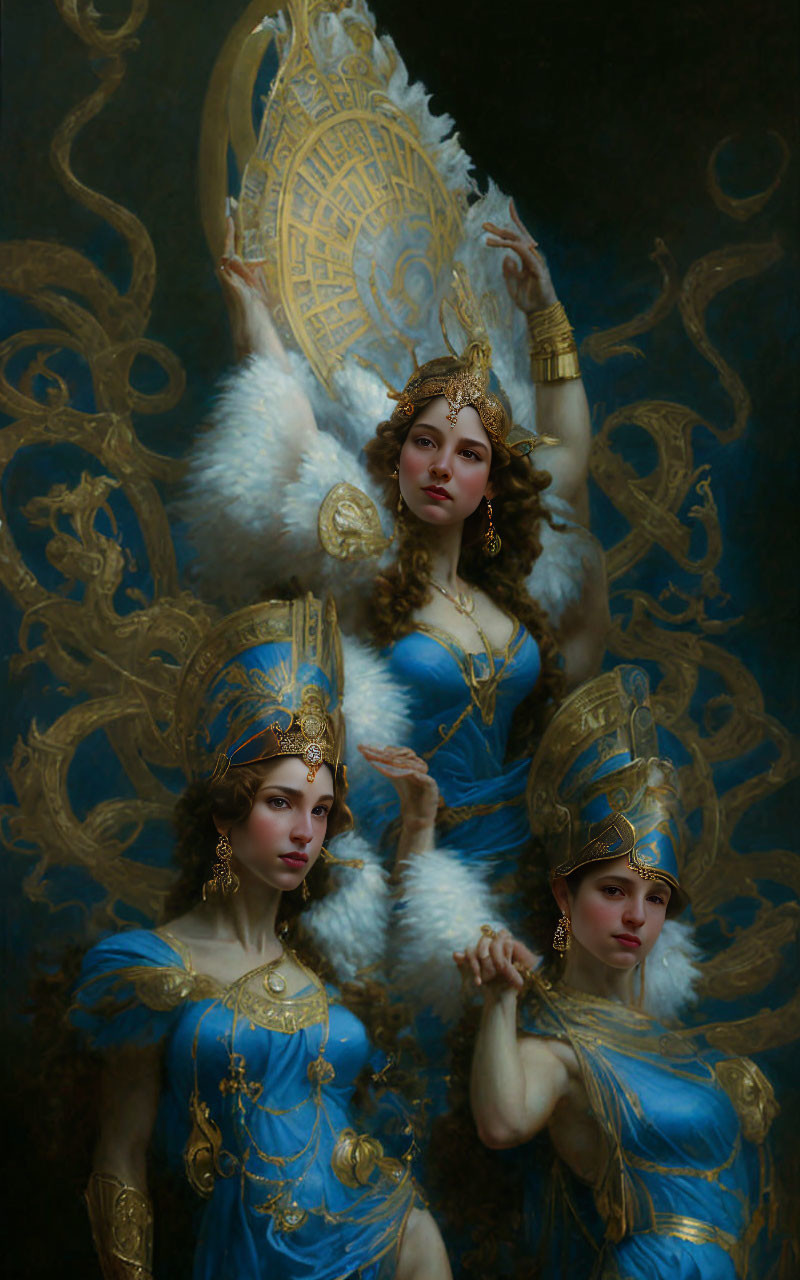 Three women in golden crowns and blue dresses holding a circular artifact against celestial backdrop