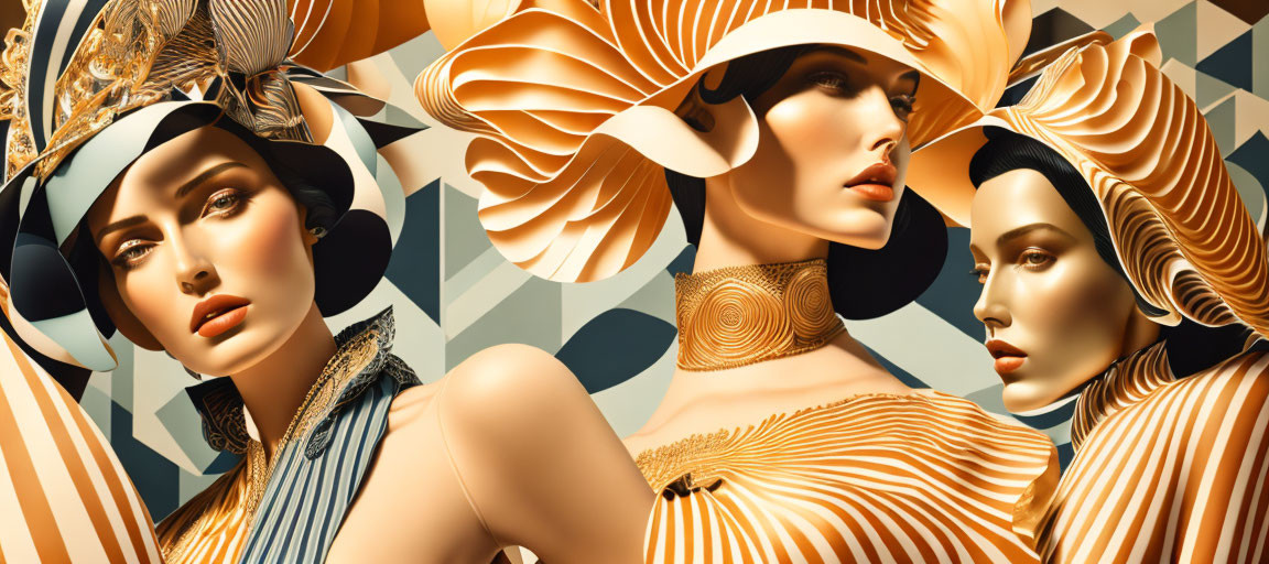 Stylized female figures with geometric headpieces in golden and beige palette