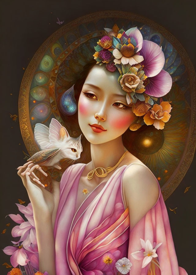 Illustrated woman in pink dress with flowered hair holds white squirrel among ornate golden disks