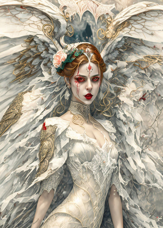 Ethereal figure with angelic wings, red eyes, and floral hair accessory in white attire.