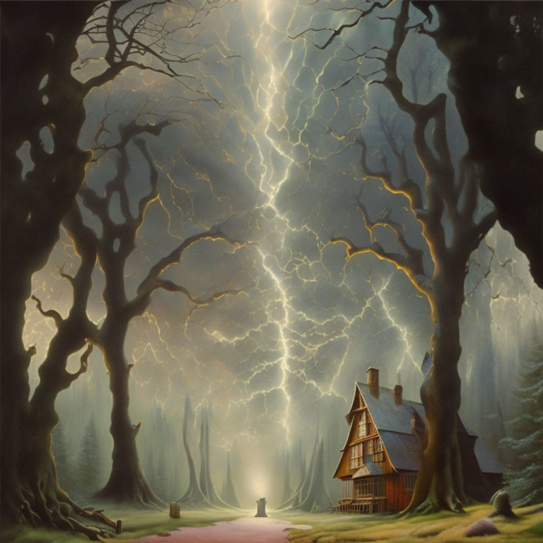 Fantastical painting of cottage in stormy forest