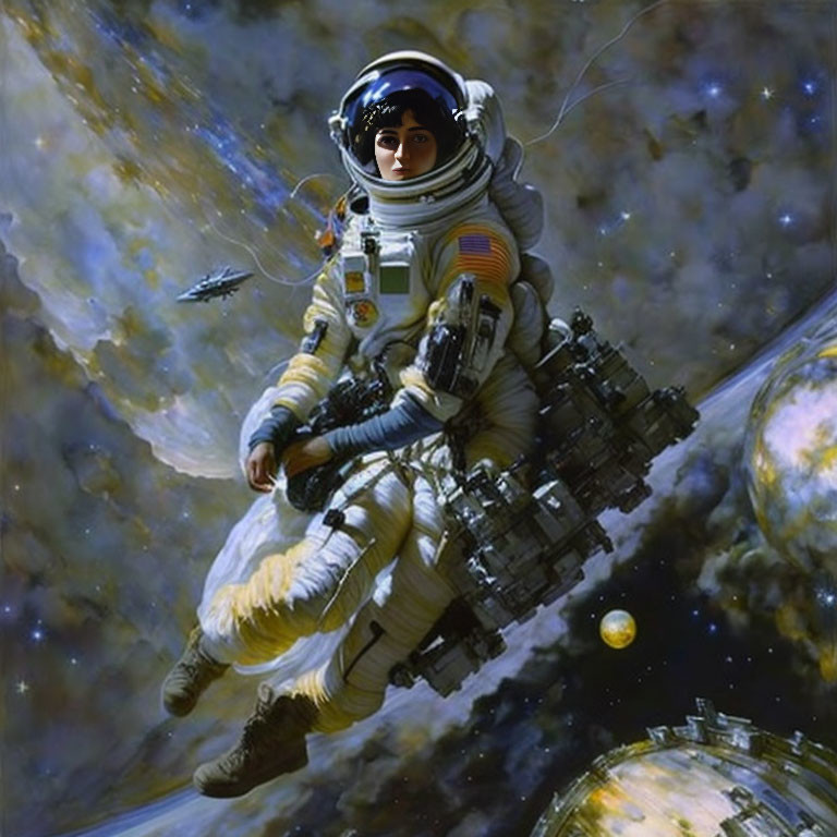 Astronaut in white space suit with jetpack in space surrounded by stars and planets