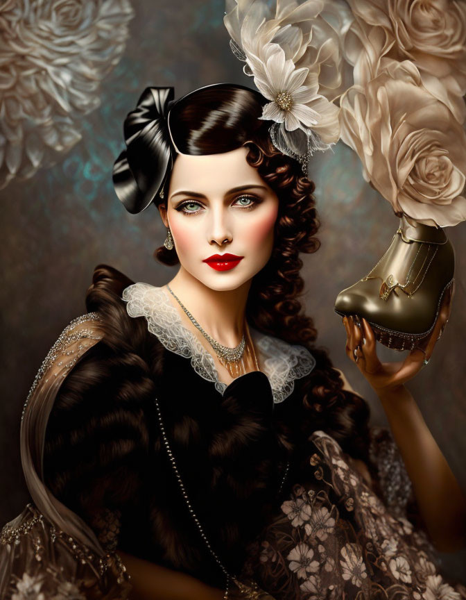 Stylized portrait of woman with dark hair and red lips against floral backdrop