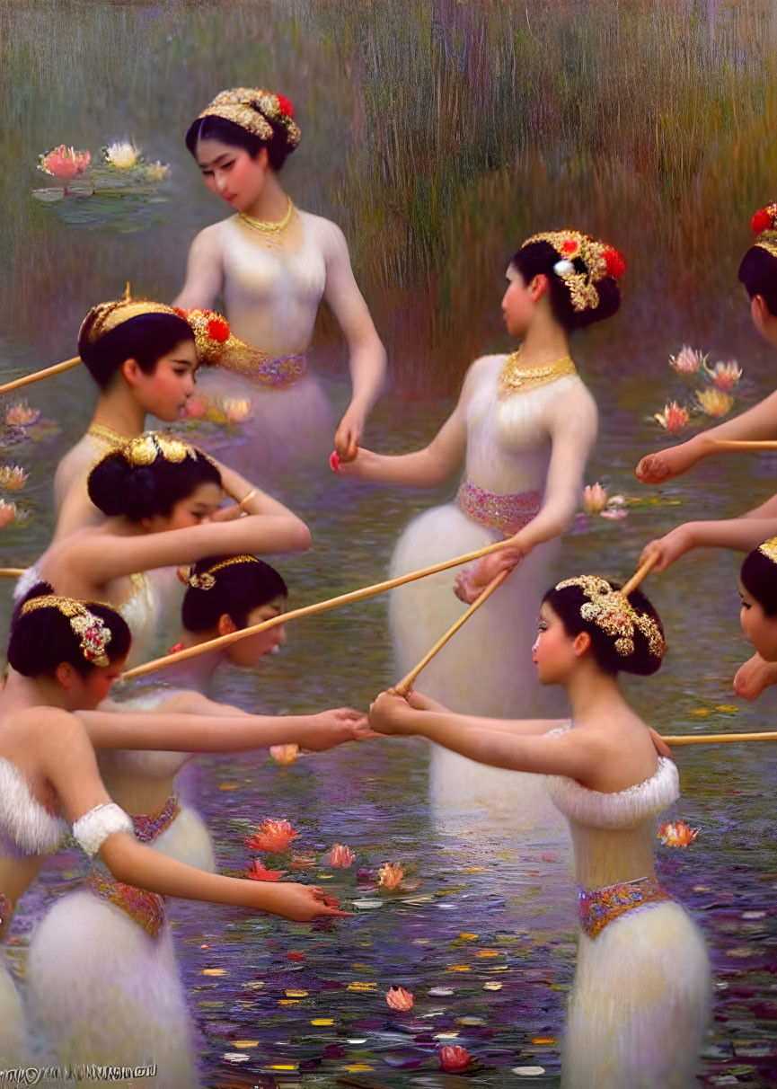 Women in traditional attire dancing with ribbons near lotus flowers.