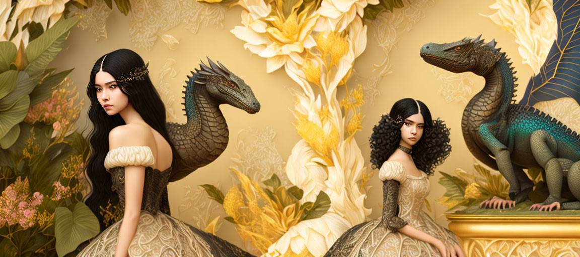 Fantasy illustration: Woman in regal dress with dragon on gold floral backdrop