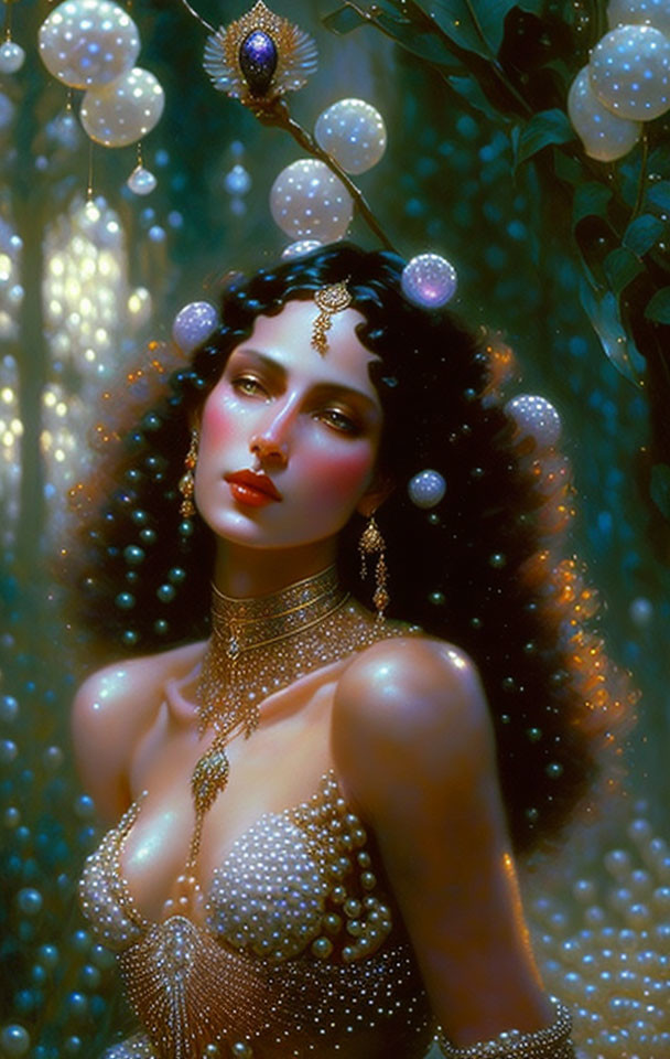 Illustrated woman surrounded by glowing orbs and foliage in mystical setting