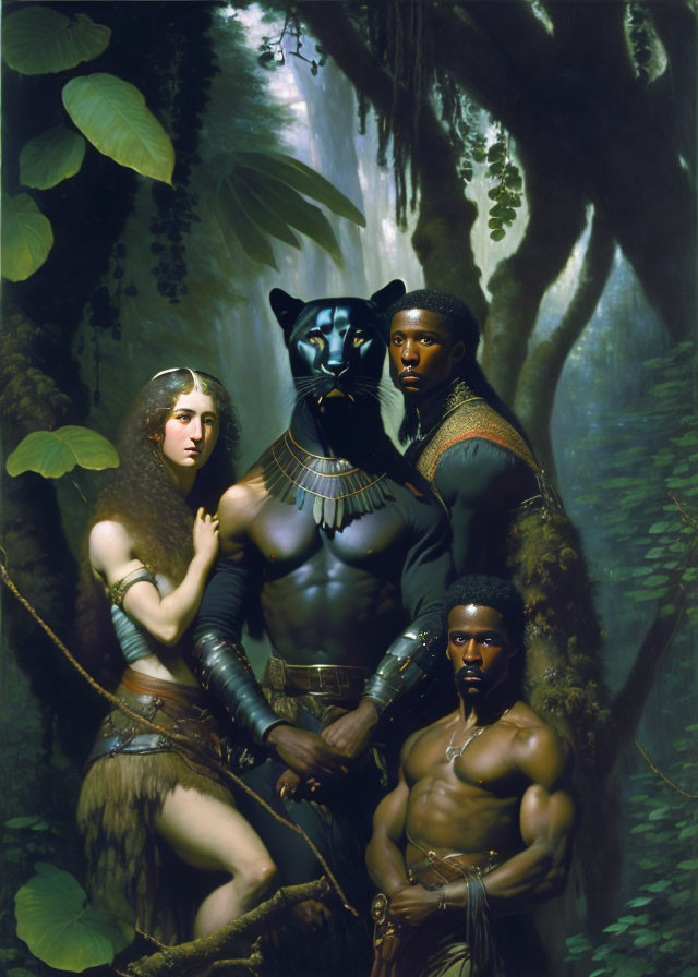 Three Figures with Panther Head in Forest Setting wearing Classic Attire