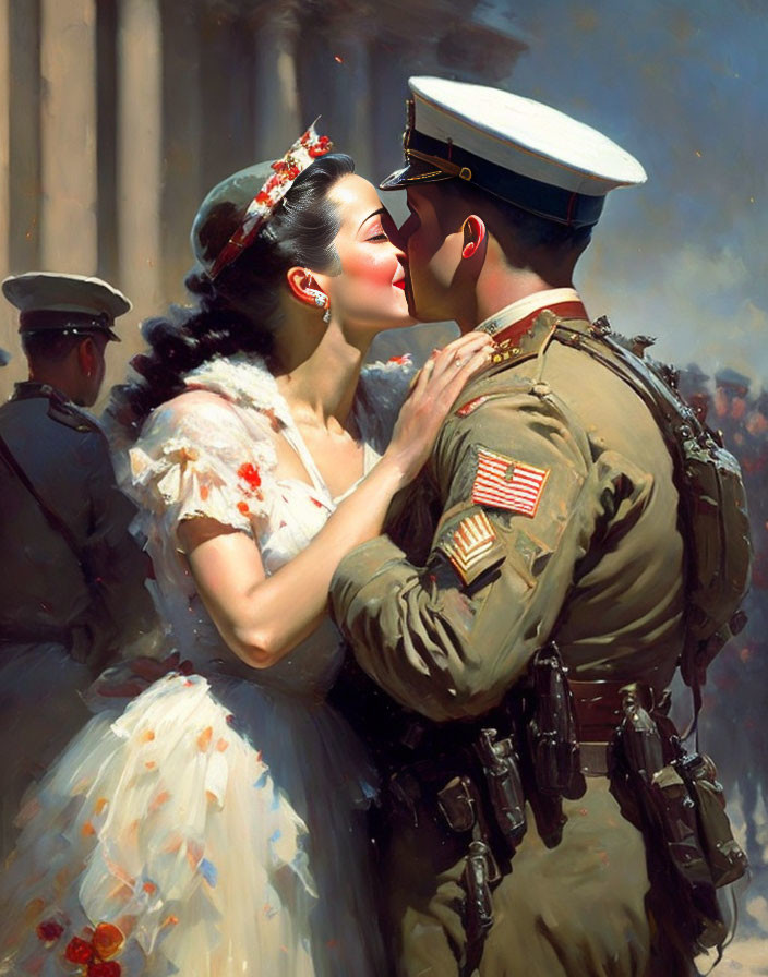 Military man and woman in floral dress kissing in crowded setting