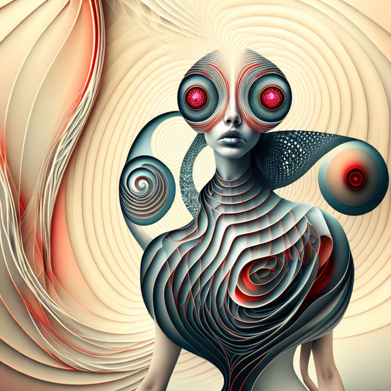 Surreal humanoid figure with swirling patterns and red eyes on creamy background