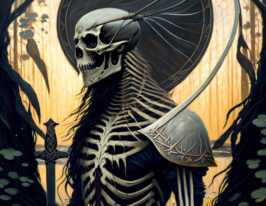 Skeletal figure in cloak and scythe in eerie forest setting