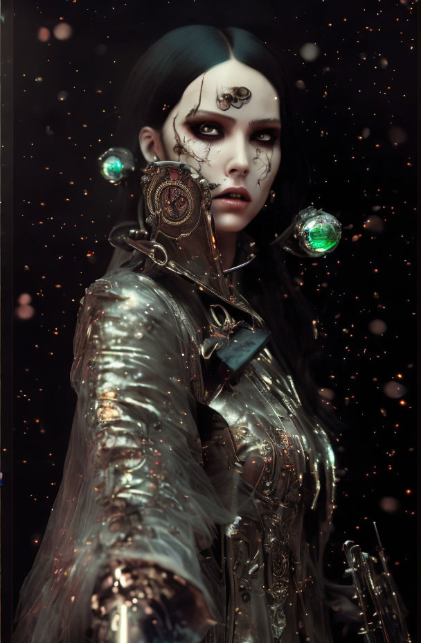 Gothic-style woman with dark makeup and metallic accessories on star-speckled background