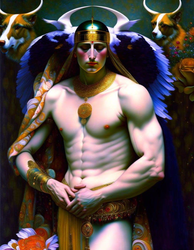 Muscular figure with angel wings, ornate headdress, mask, and gold decorations amidst vibrant ram