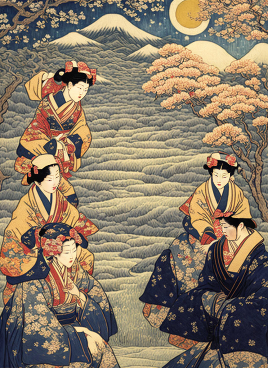 Four women in traditional Japanese kimonos with cherry blossoms, mountain, and full moon.