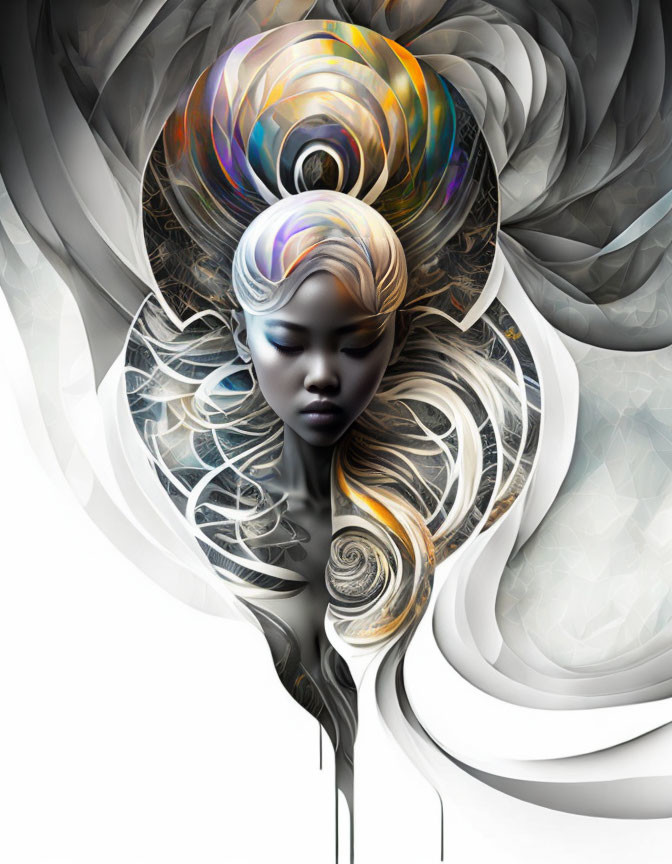 Colorful digital illustration of a woman with swirling patterns in her hair