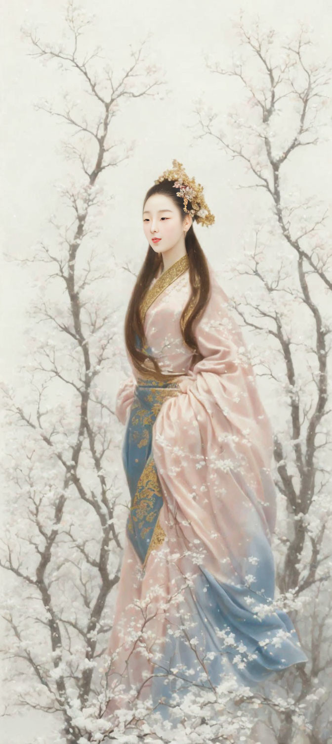 Traditional Asian Attire Woman Poses in Snowy Blossom Landscape