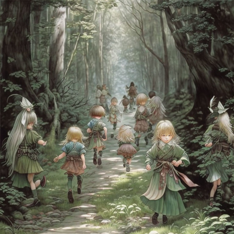 Whimsical elfin children in green wandering through sunlit forest