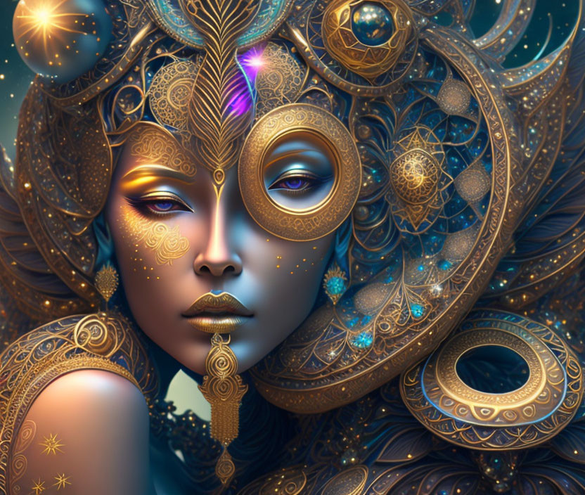 Intricate digital art portrait with golden and blue metallic patterns