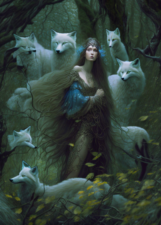 Mystical woman in flowing dress with white foxes in dark green forest