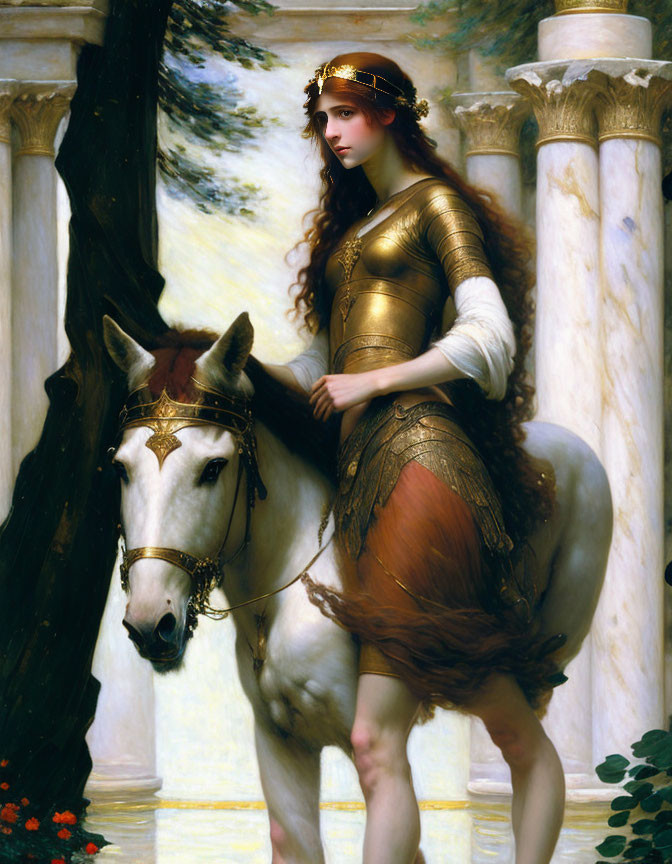 Woman in medieval armor on white horse in forest and columns