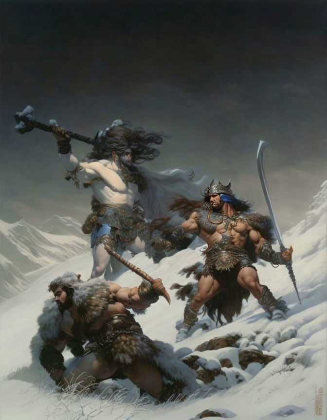 Muscular warriors in fur garments battle spectral figure in snow-covered mountain landscape