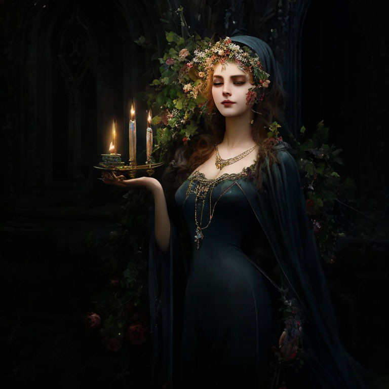 Woman in dark dress with candelabra in gothic forest setting