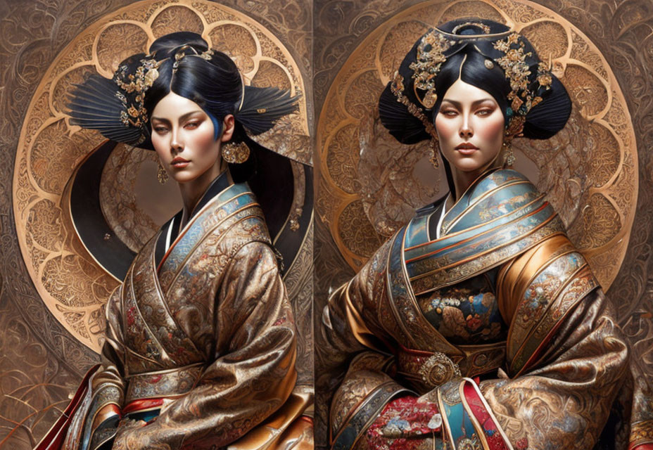 Digital painting of woman in East Asian attire with ornate headdress on golden background