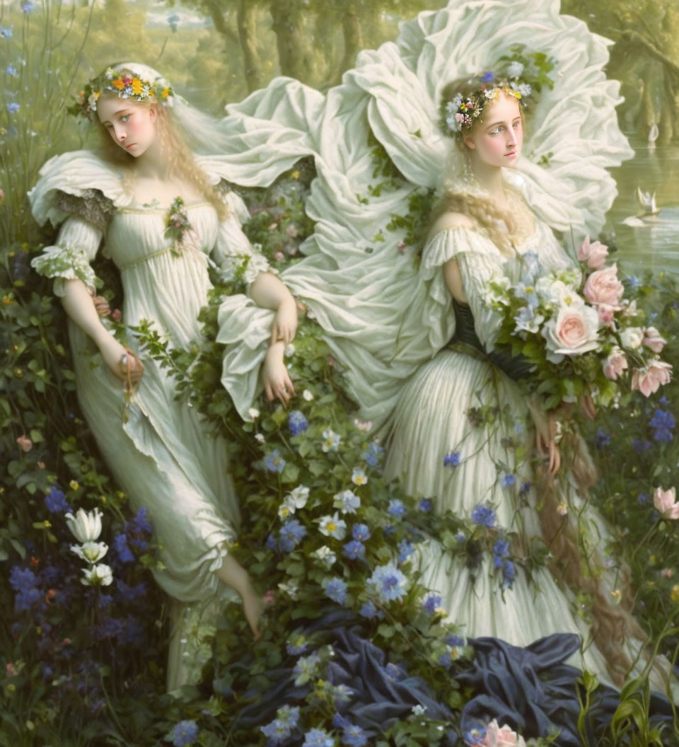 Ethereal Women in Flowing Dresses Among Lush Greenery