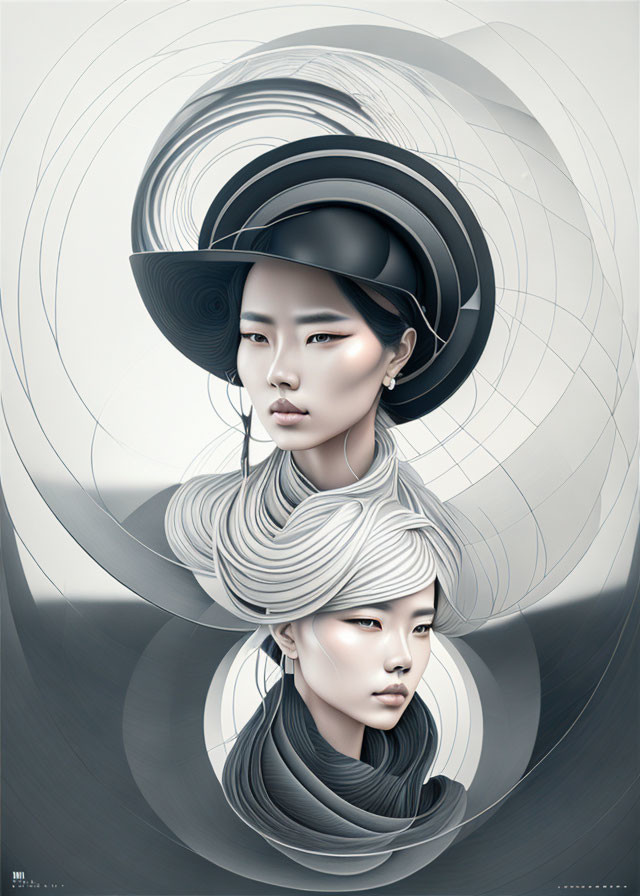 Abstract monochromatic illustration of two women with swirling hair and headpieces blending with circular patterns.