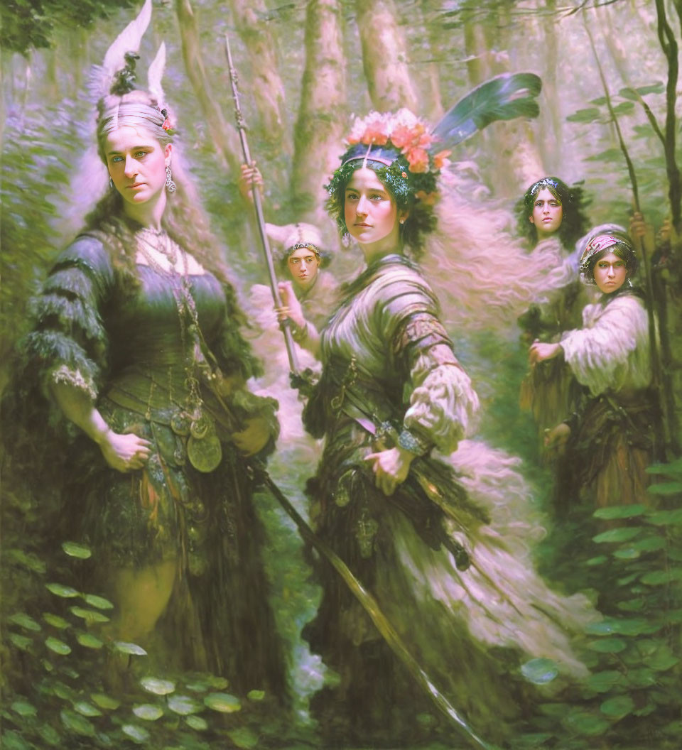 Forest scene with five ethereal women in traditional attire and intricate headpieces.