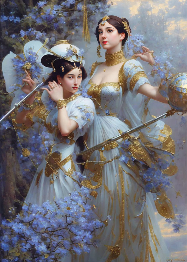 Two women in historical dresses with golden accessories among blue flowers and one holding a sword