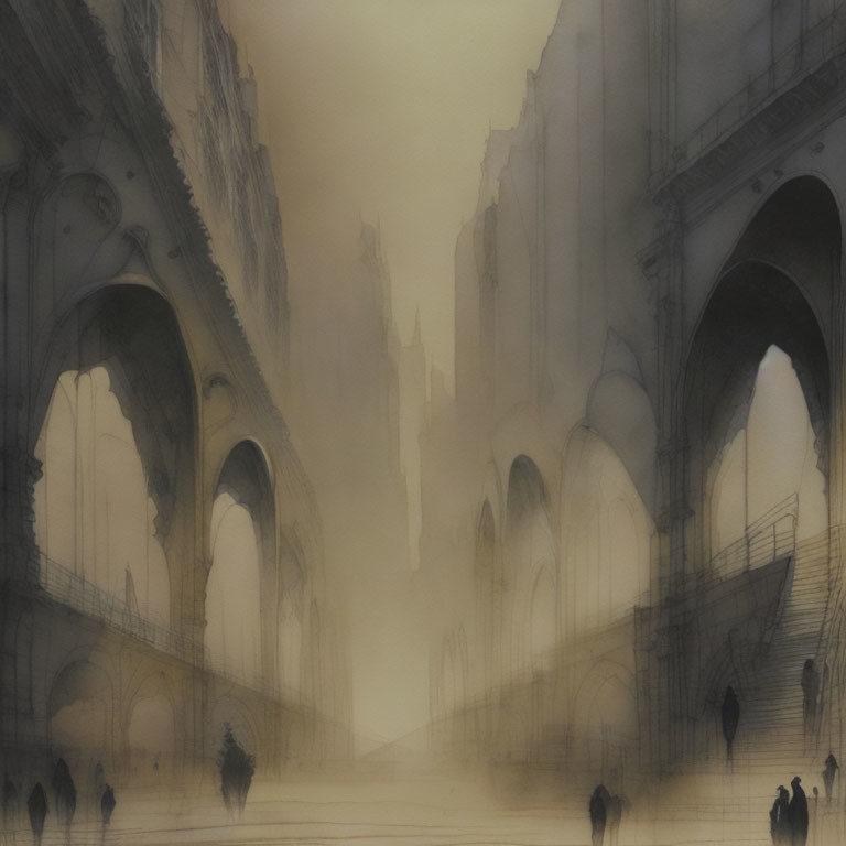 Cityscape with fog, silhouetted figures, grand arches, and towering buildings.