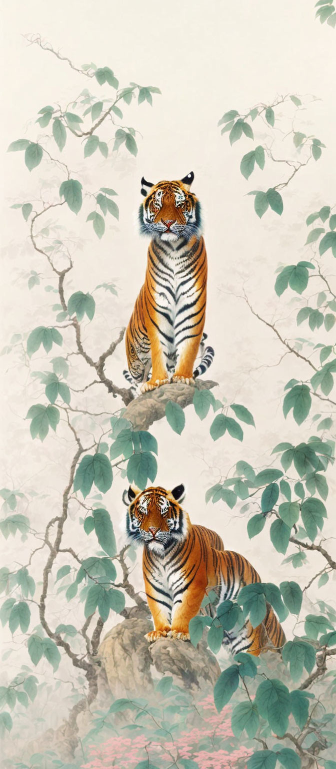 Two tigers in green foliage: one on branch, one on rock, in Asian art style