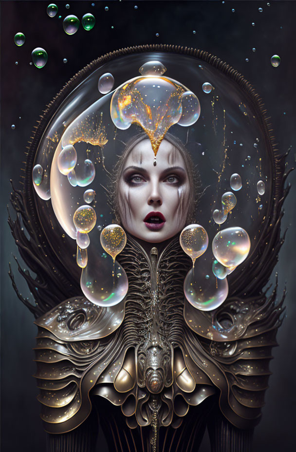 Surreal portrait of woman with bubble headdress and galaxy motifs