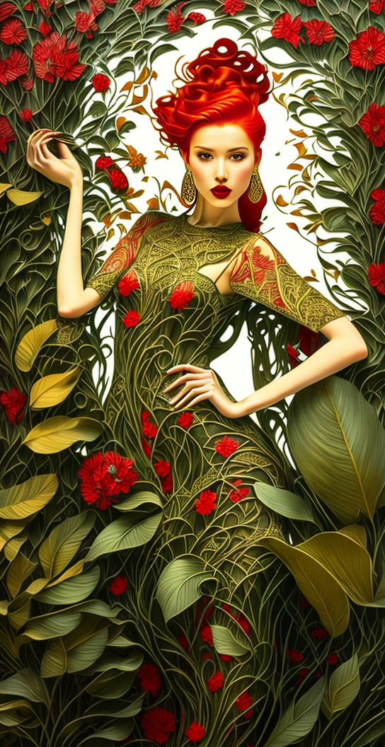 Vivid illustration: Woman with red hair in green foliage and red flowers.