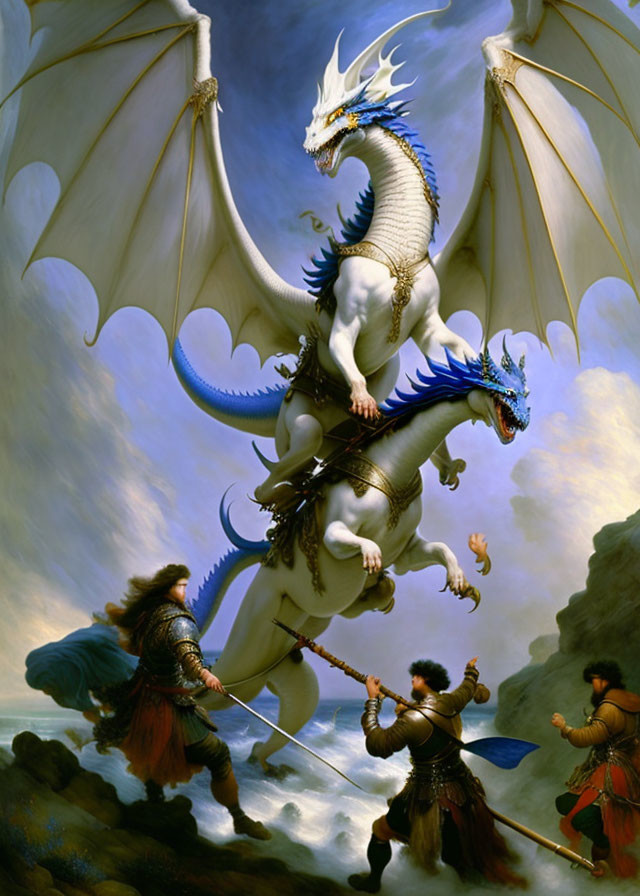 White dragon with multiple heads chained by warriors under cloudy sky