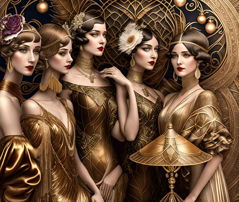 Five Women in Art Deco Style with Gold Dresses and Elaborate Hairstyles