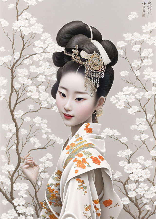 Traditional Japanese attire woman with intricate hair ornaments in front of blossoming branches