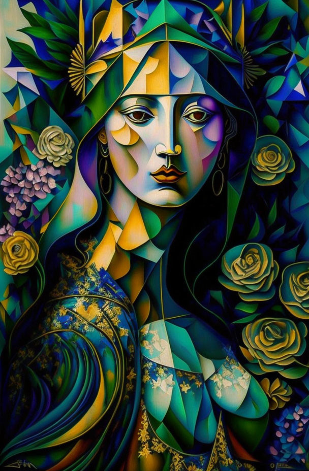 Colorful, Geometric Floral Portrait with Art Nouveau and Cubism Elements