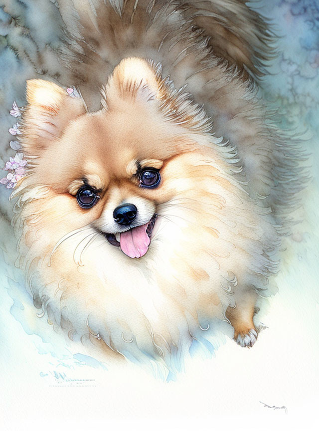 Fluffy Pomeranian Dog with Light Brown Fur and Cherry Blossoms